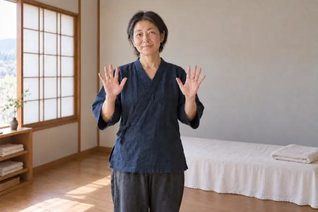 院長が施術の部屋に立ち、両手を開いて見せている